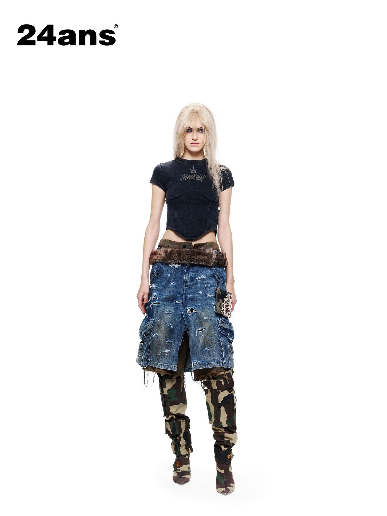 24ans Casual Drawstring High Waist Short Sleeve Letter Print Women Cotton Crop Tops
