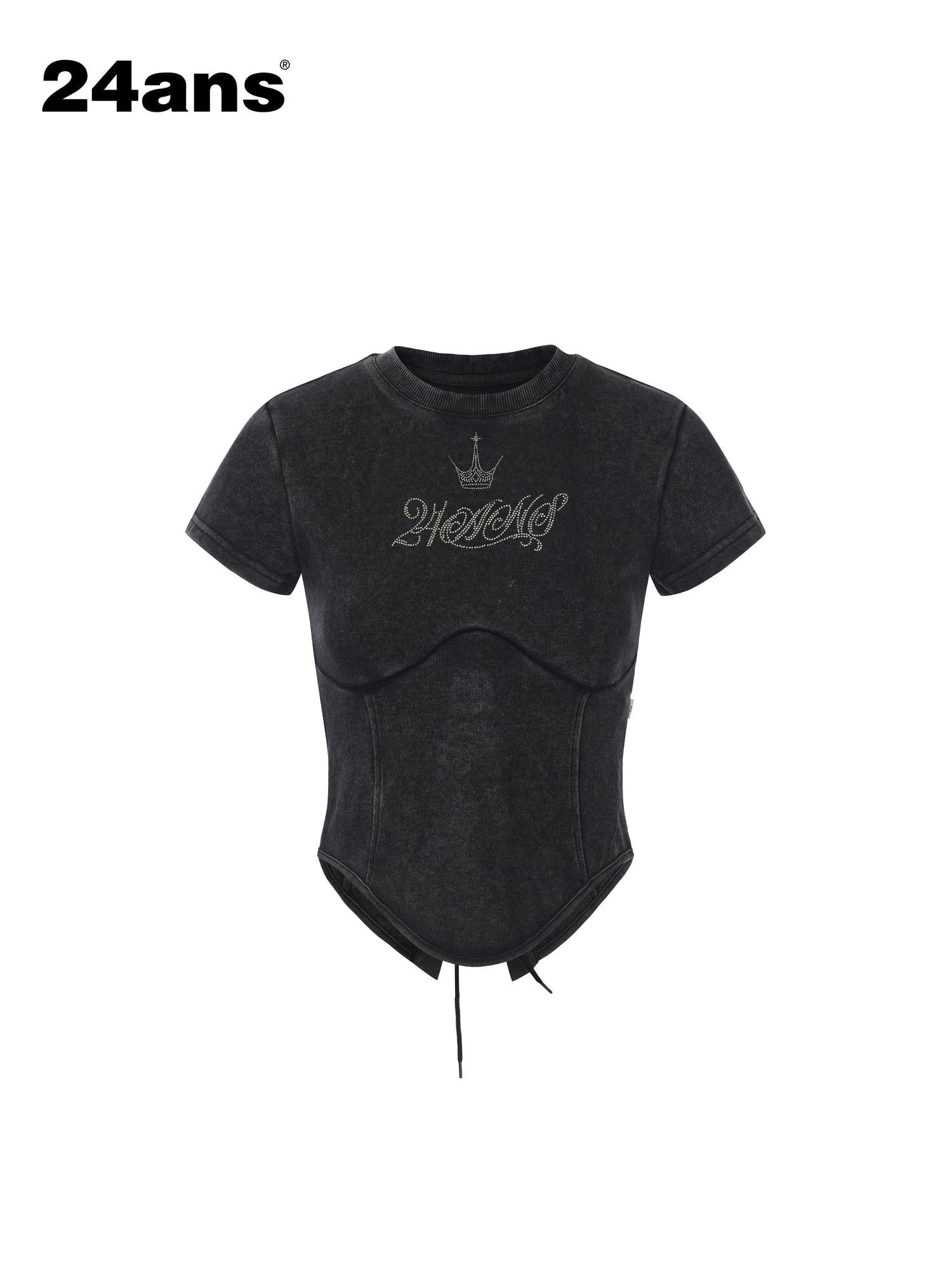 24ans Casual Drawstring High Waist Short Sleeve Letter Print Women Cotton Crop Tops