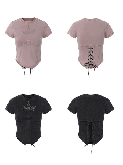 24ans Casual Drawstring High Waist Short Sleeve Letter Print Women Cotton Crop Tops