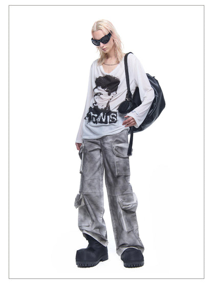 24ans Chain Print Zipper Round Neck Loose Street Women&