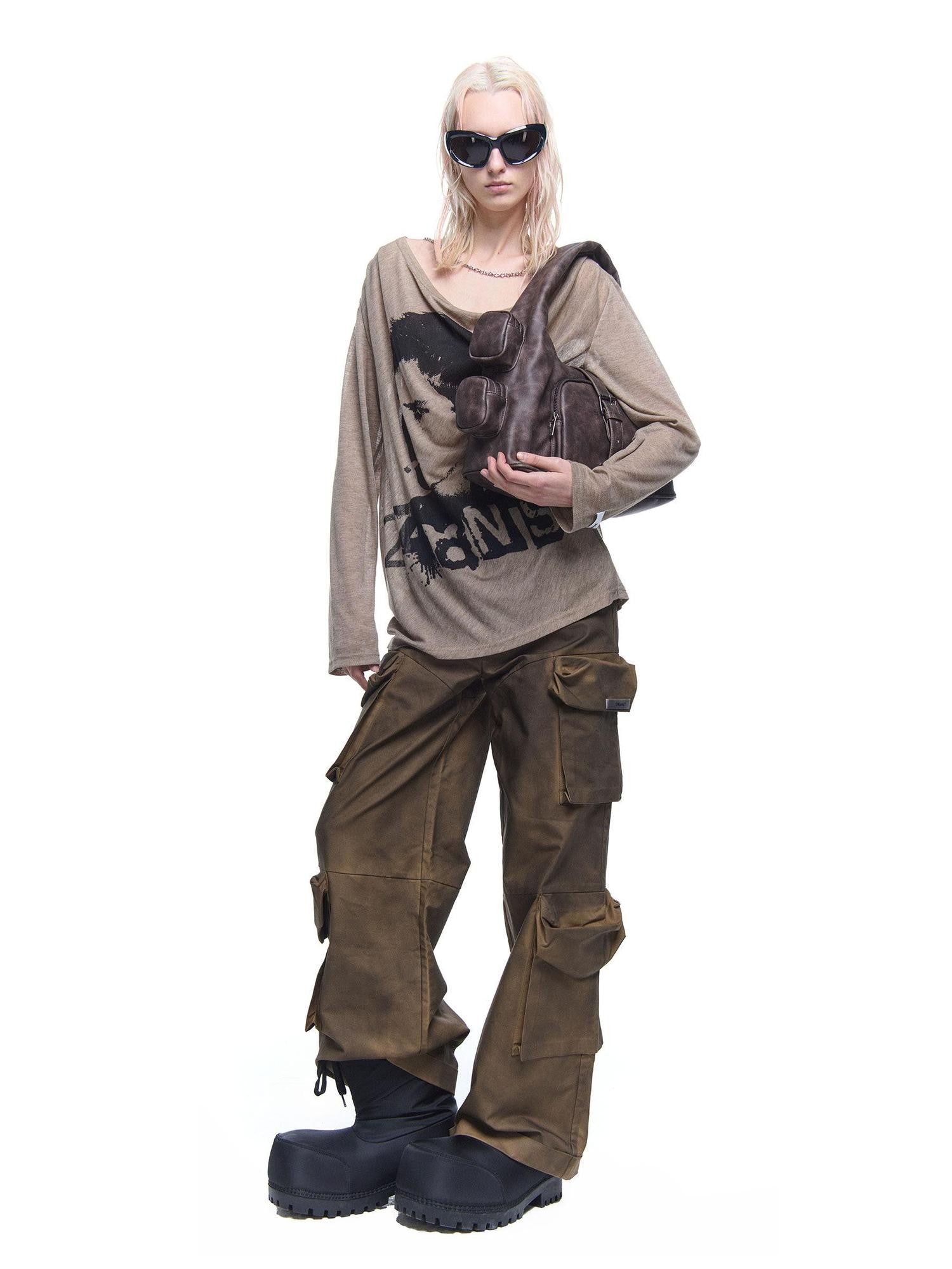 24ans Chain Print Zipper Round Neck Loose Street Women&
