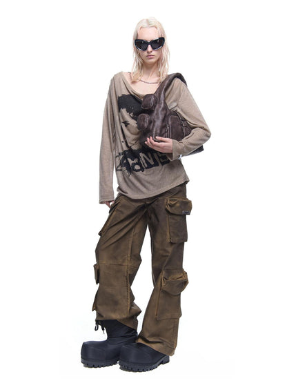 24ans Chain Print Zipper Round Neck Loose Street Women&