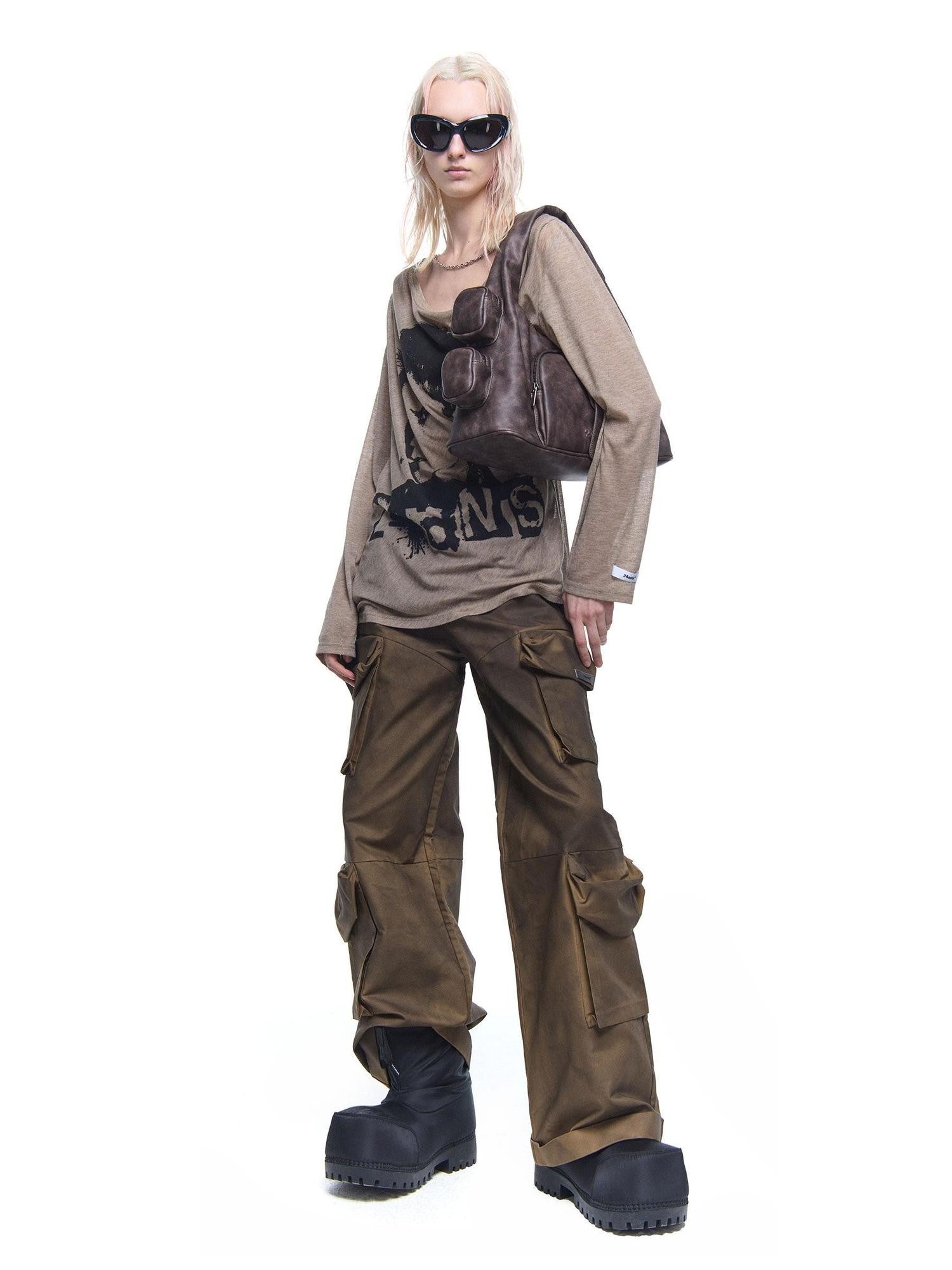 24ans Chain Print Zipper Round Neck Loose Street Women&
