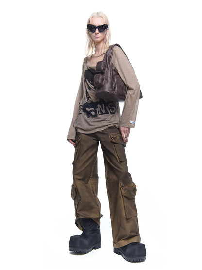 24ans Chain Print Zipper Round Neck Loose Street Women&