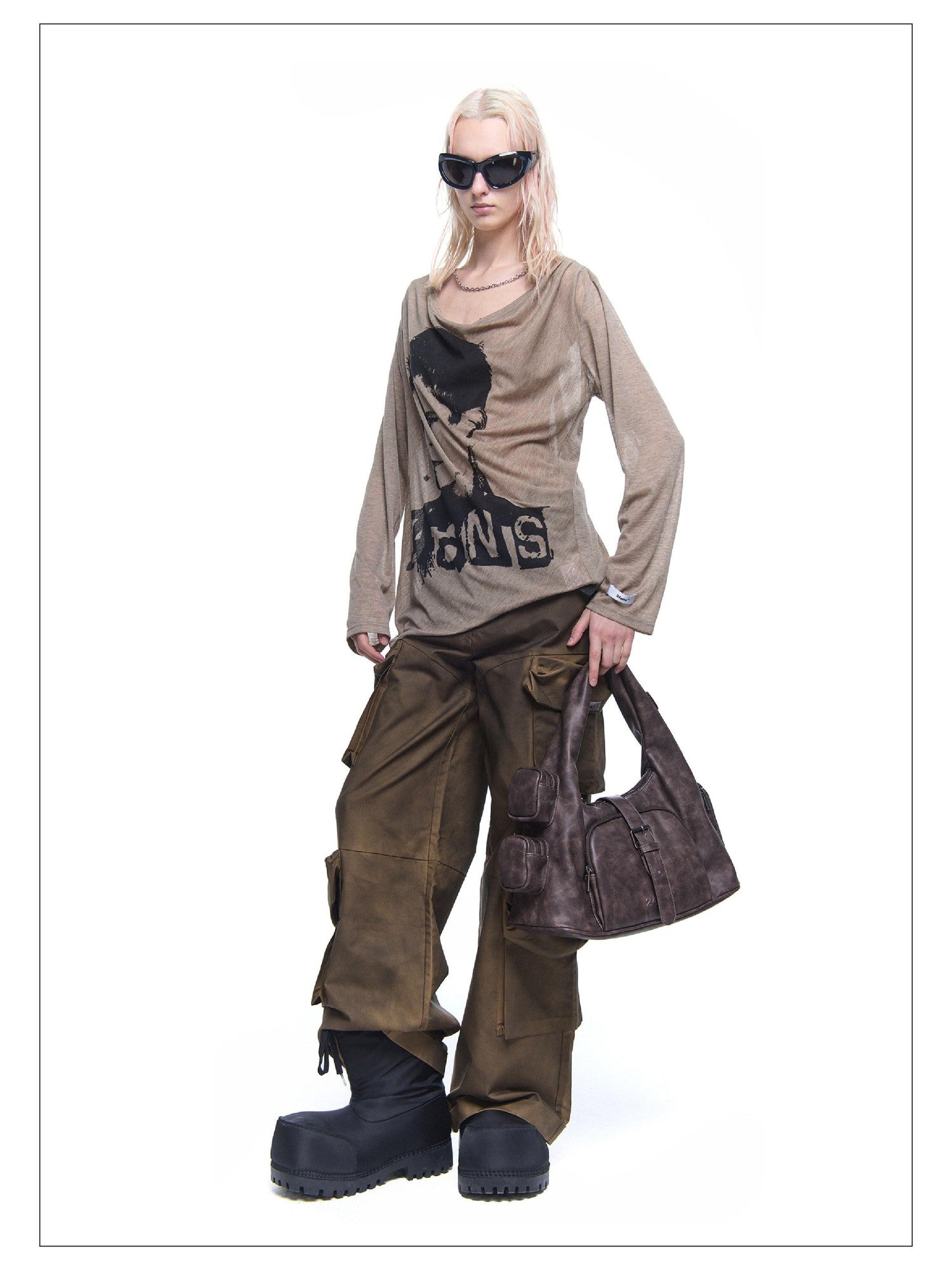 24ans Chain Print Zipper Round Neck Loose Street Women&