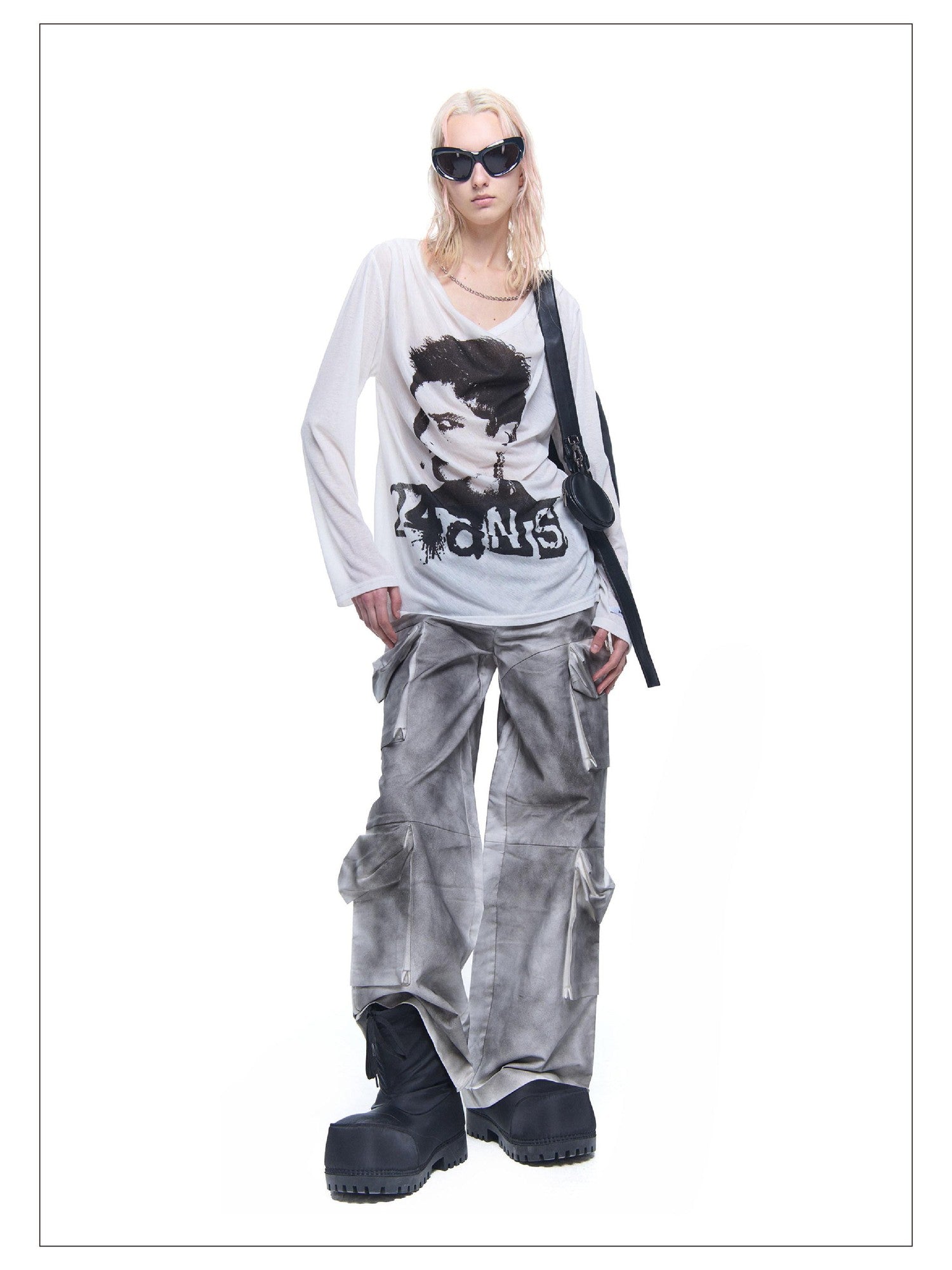 24ans Chain Print Zipper Round Neck Loose Street Women&