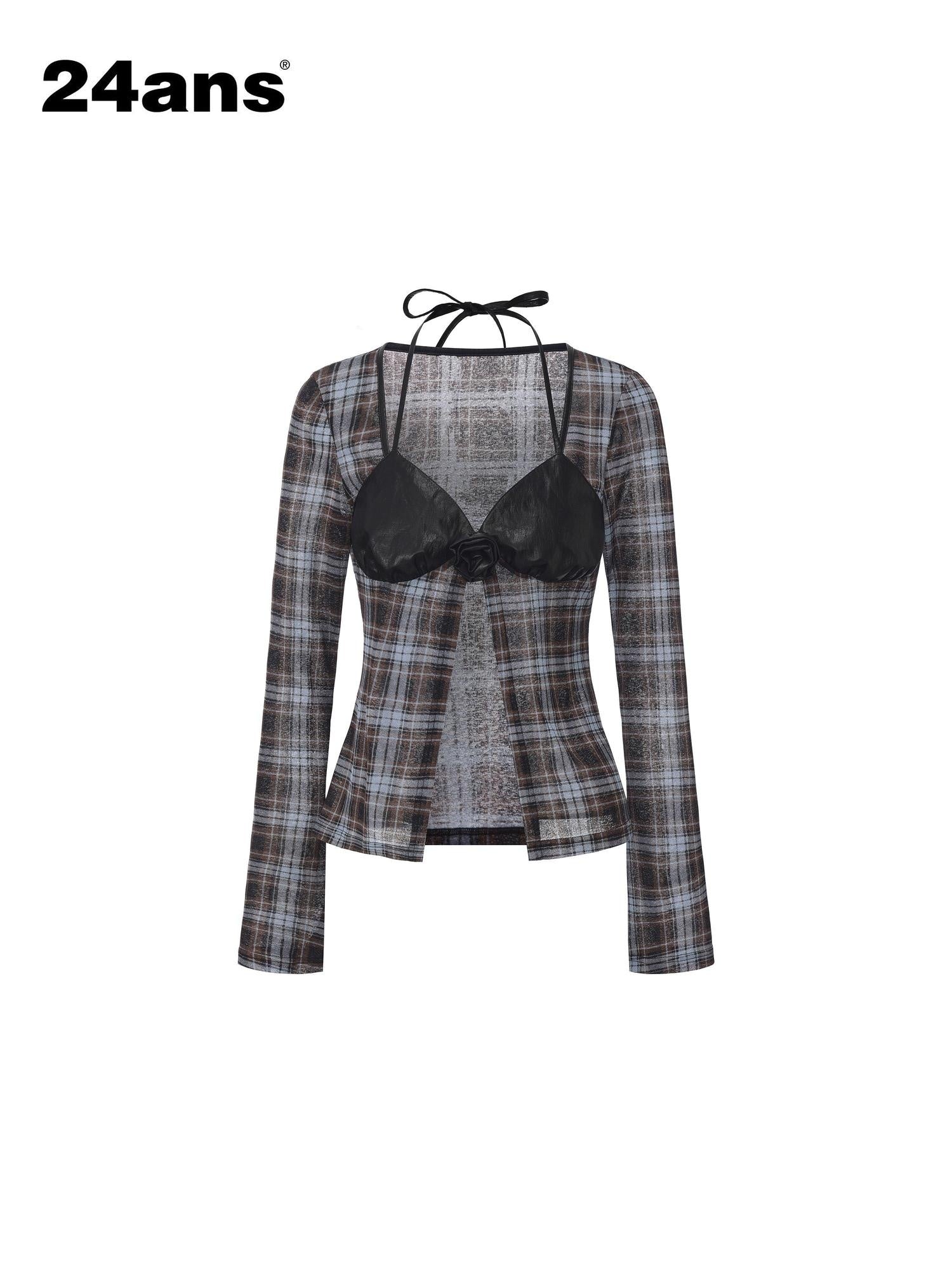 24ans Cooling Plaid Sexy Straight Fit Women S M L Polyester Long Sleeve T-Shirts