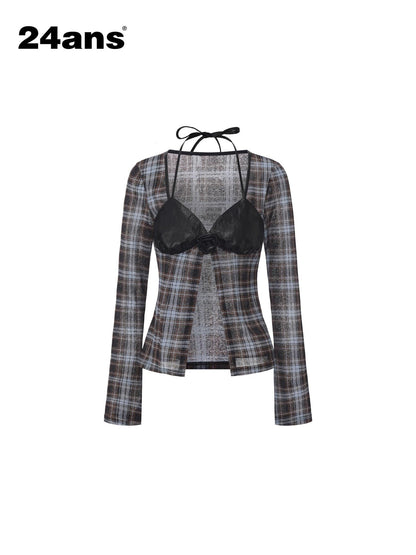24ans Cooling Plaid Sexy Straight Fit Women S M L Polyester Long Sleeve T-Shirts