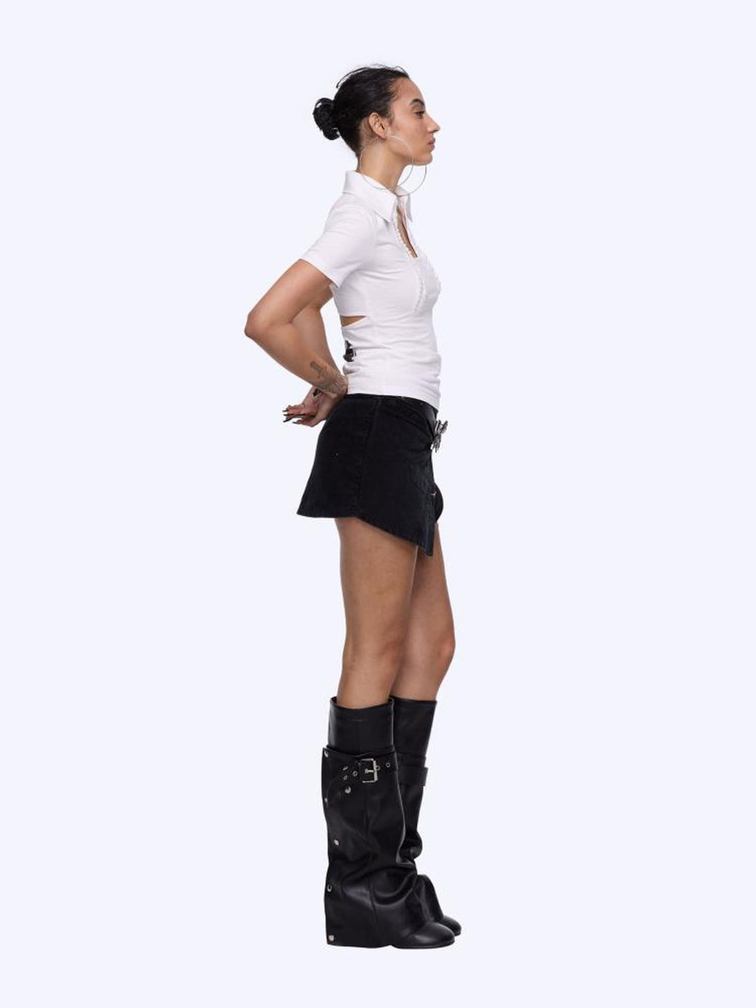 24ans Corduroy A Line Mini Skirt With Asymmetric Hem In Black