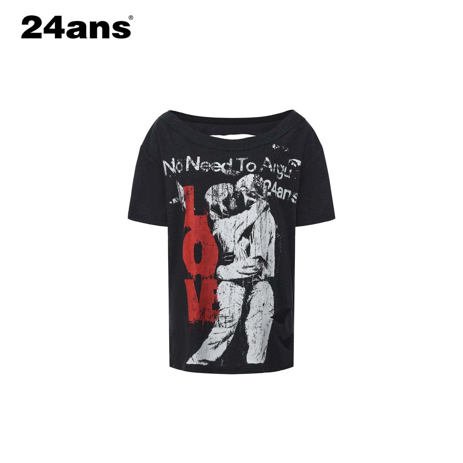 24ans Cotton Lyocell Blend Punk Loose Fit Asymmetrical Collar Short Sleeve T-Shirts
