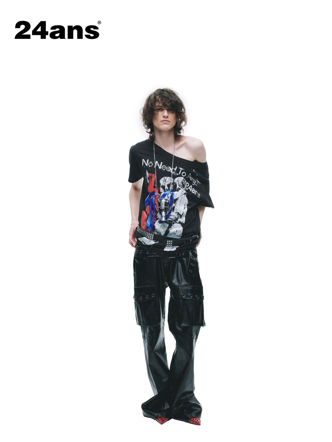24ans Cotton Lyocell Blend Punk Loose Fit Asymmetrical Collar Short Sleeve T-Shirts
