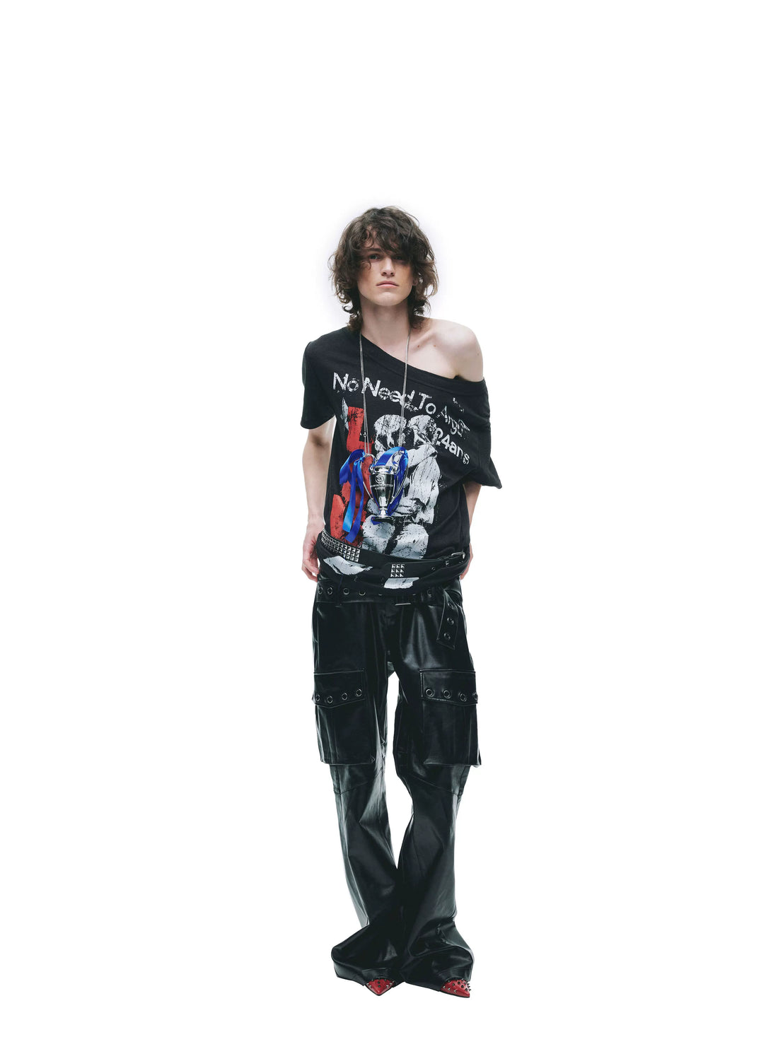 24ans Cotton Lyocell Blend Punk Loose Fit Asymmetrical Collar Short Sleeve T-Shirts-2