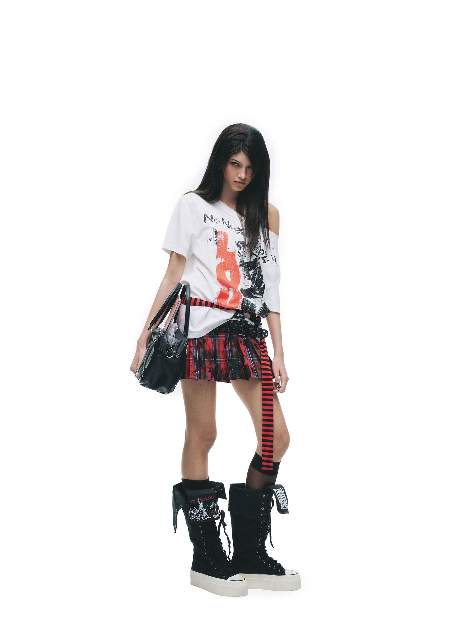 24ans Cotton Lyocell Blend Punk Loose Fit Asymmetrical Collar Short Sleeve T-Shirts
