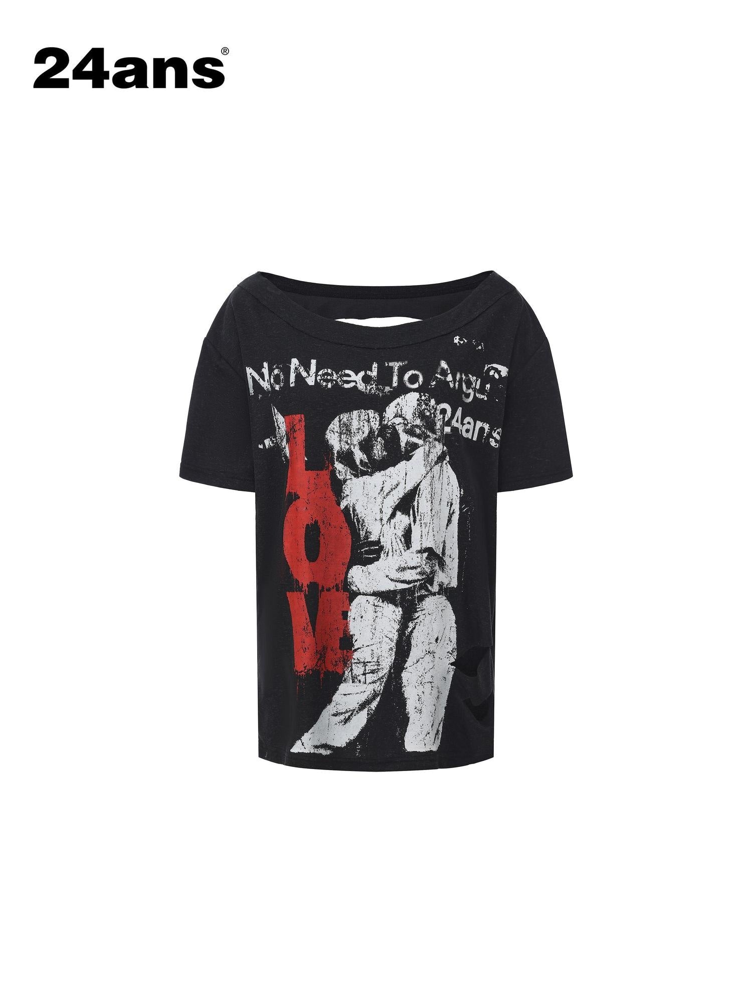 24ans Cotton Lyocell Blend Punk Loose Fit Asymmetrical Collar Short Sleeve T-Shirts