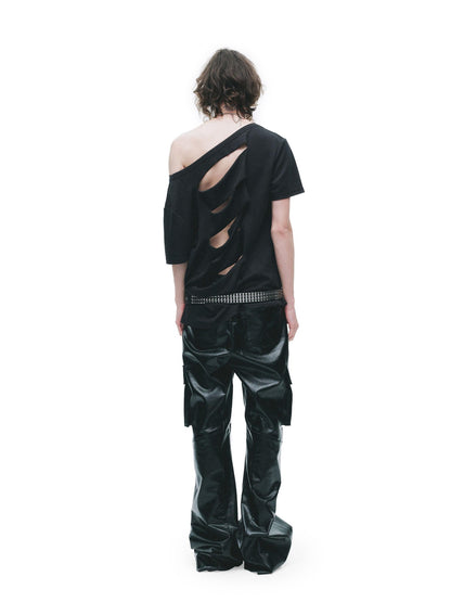 24ans Cotton Lyocell Blend Punk Loose Fit Asymmetrical Collar Short Sleeve T-Shirts