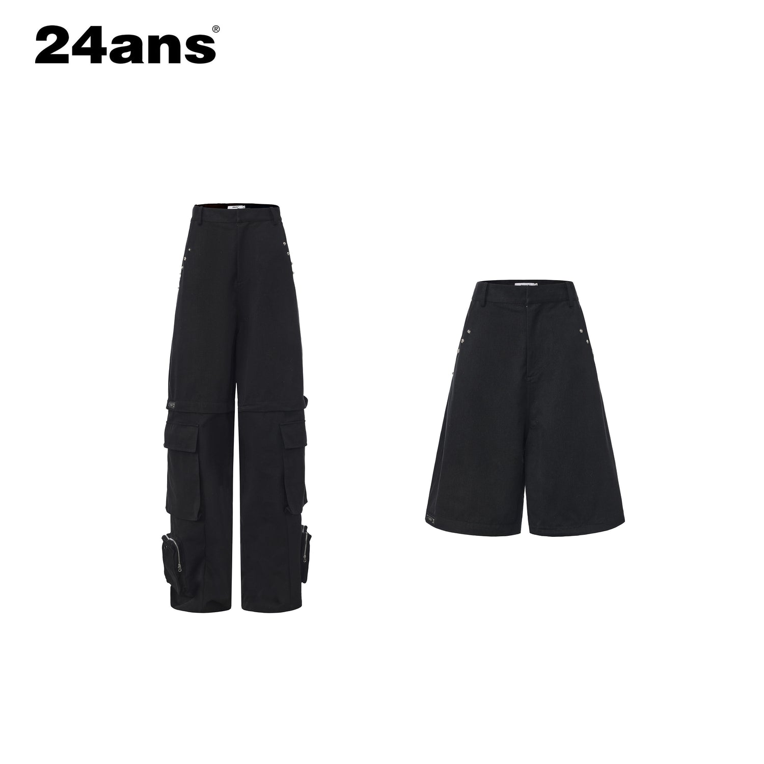 24ans Cotton Nylon Blend Punk Cargo Zipper Natural Waist Unisex Wide-Leg Pants