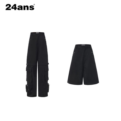 24ans Cotton Nylon Blend Punk Cargo Zipper Natural Waist Unisex Wide-Leg Pants