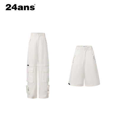 24ans Cotton Nylon Blend Punk Cargo Zipper Natural Waist Unisex Wide-Leg Pants