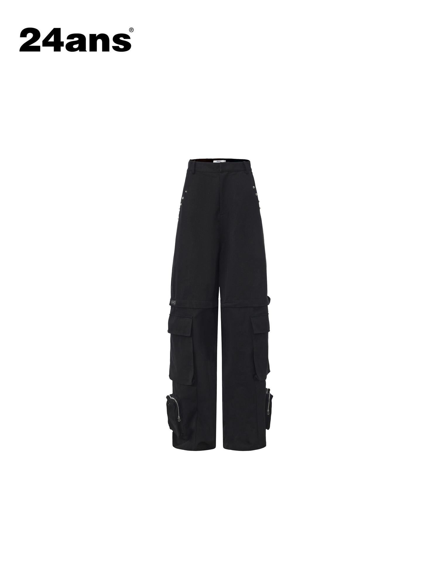 24ans Cotton Nylon Blend Punk Cargo Zipper Natural Waist Unisex Wide-Leg Pants
