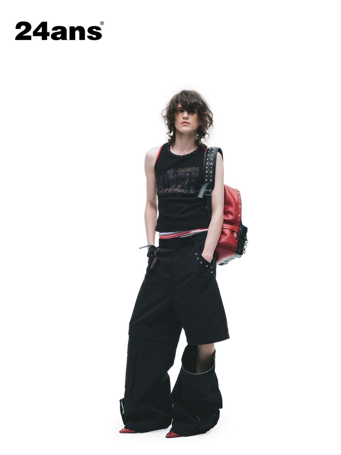 24ans Cotton Nylon Blend Punk Cargo Zipper Natural Waist Unisex Wide-Leg Pants