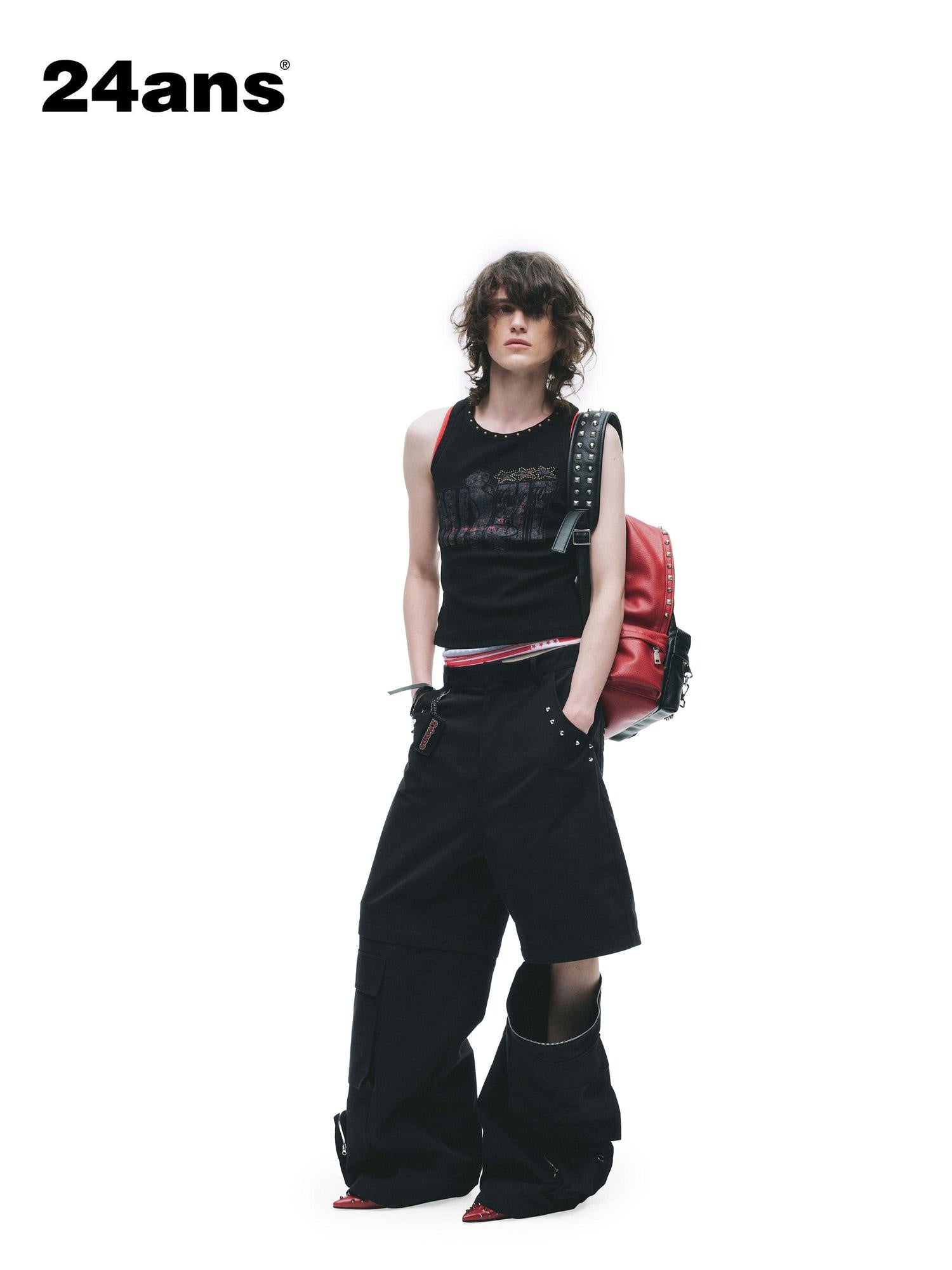24ans Cotton Nylon Blend Punk Cargo Zipper Natural Waist Unisex Wide-Leg Pants
