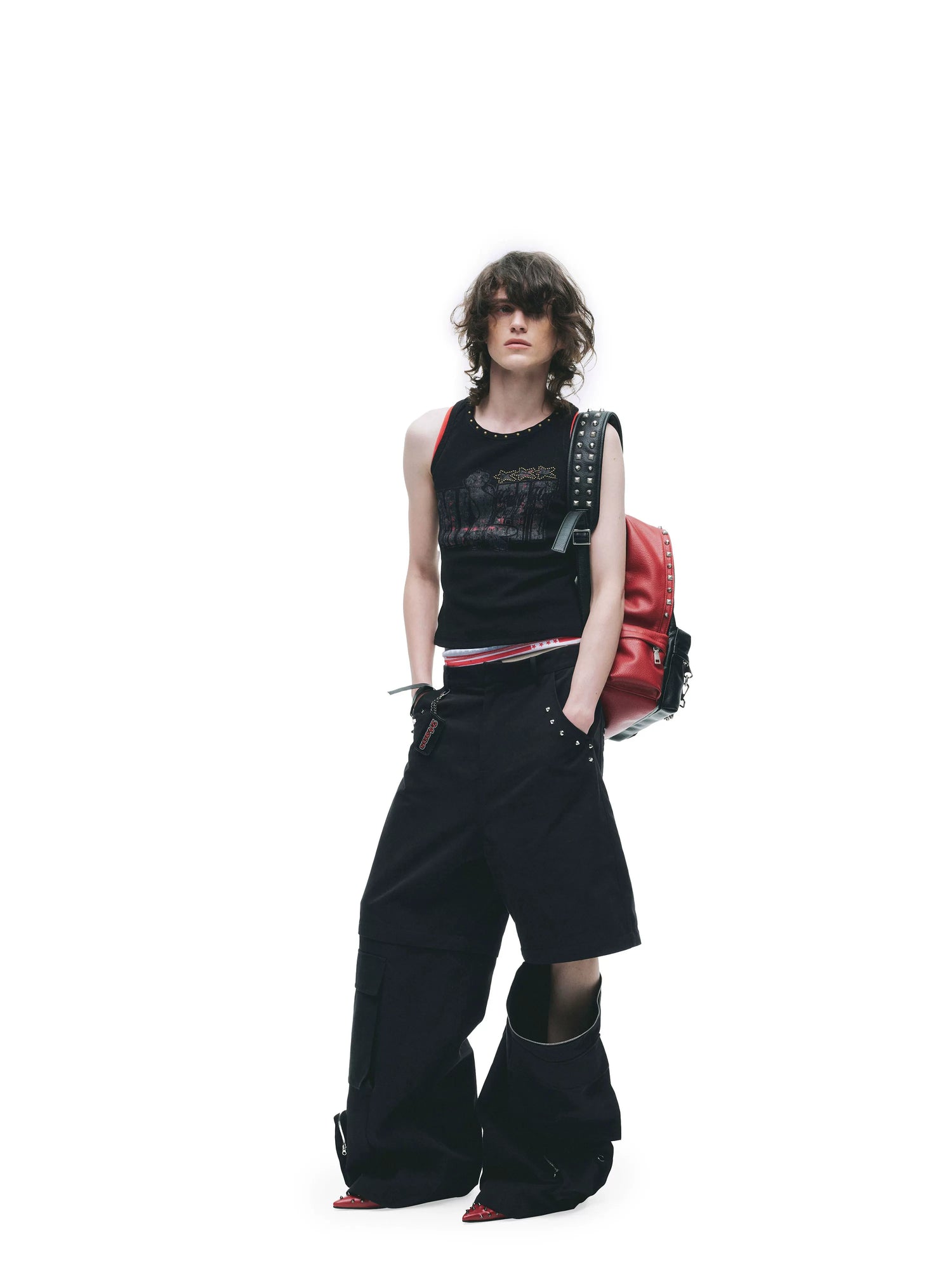 24ans Cotton Nylon Blend Punk Cargo Zipper Natural Waist Unisex Wide-Leg Pants-2