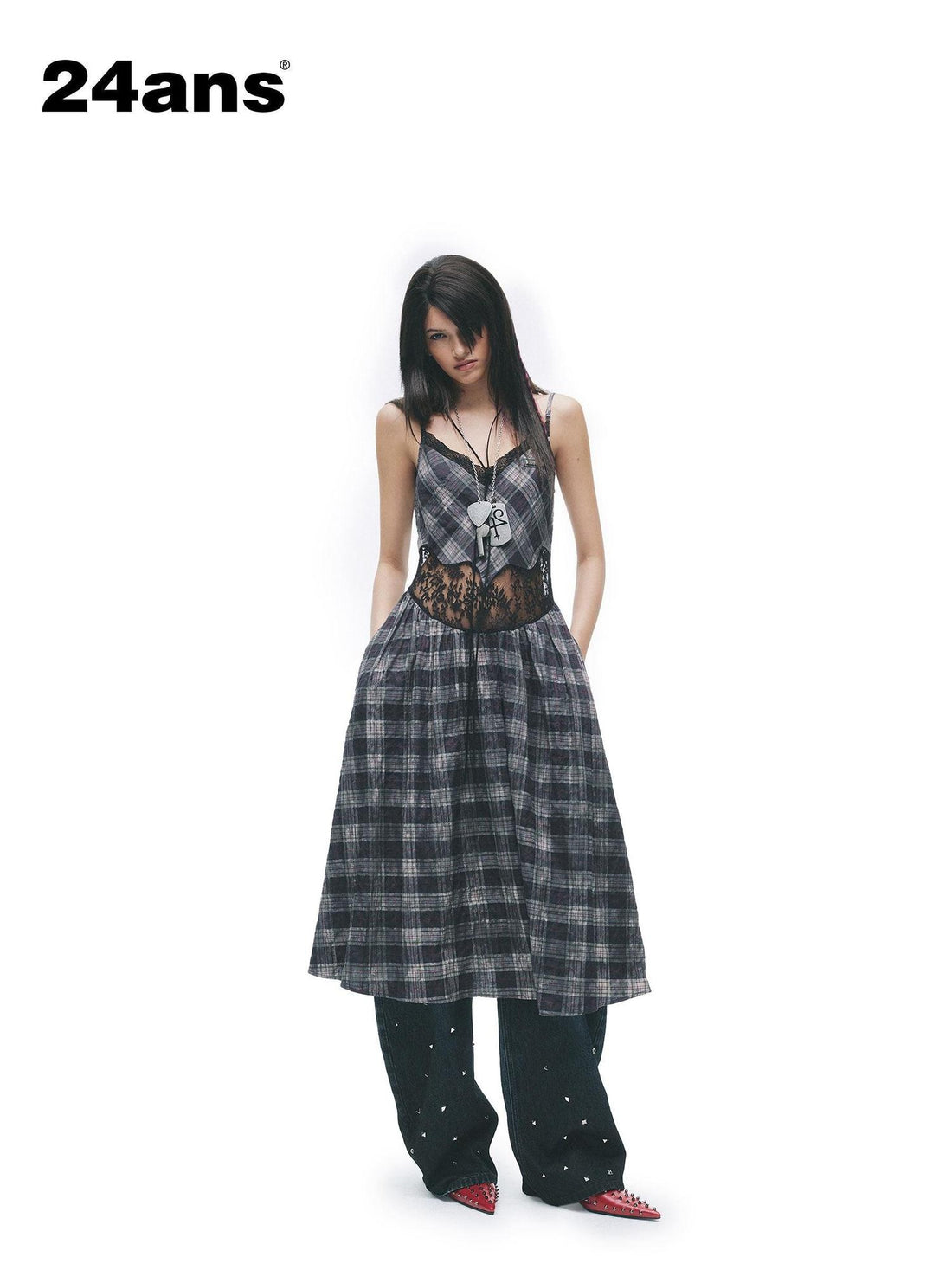 24ans Cotton Stretch Vintage Halter Neck A Line Patchwork Plaid Slip Midi Dresses