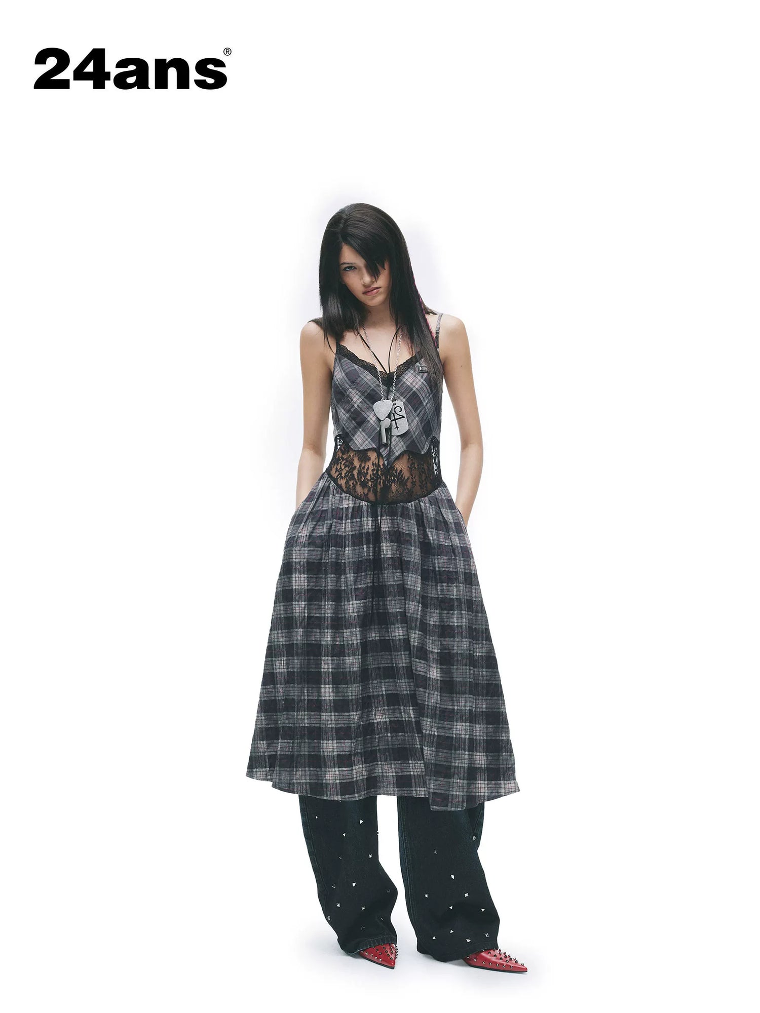 24ans Cotton Stretch Vintage Halter Neck A Line Patchwork Plaid Slip Midi Dresses-1