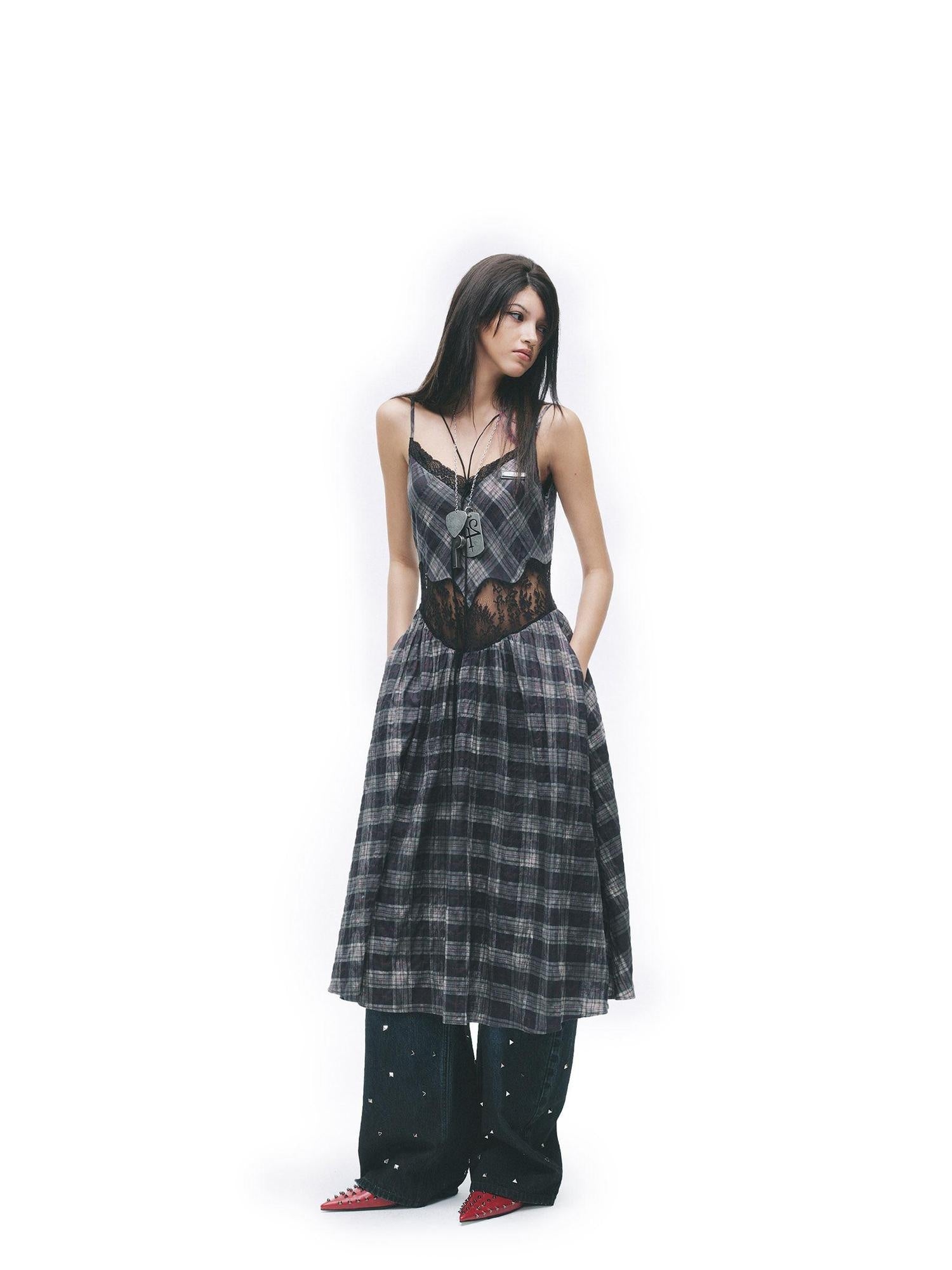 24ans Cotton Stretch Vintage Halter Neck A Line Patchwork Plaid Slip Midi Dresses