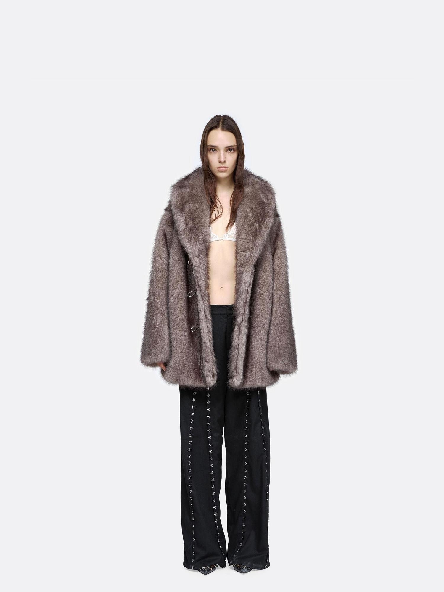 24ans Cozy Faux Fur Trim Oversized Punk Mid Length Long Sleeve Women Dark Gray Jacket