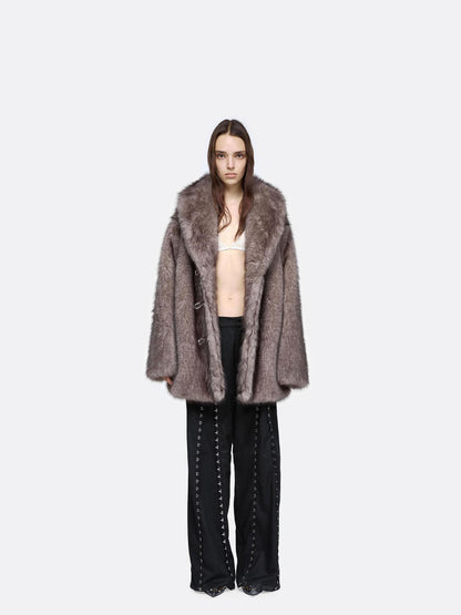 24ans Cozy Faux Fur Trim Oversized Punk Mid Length Long Sleeve Women Dark Gray Jacket