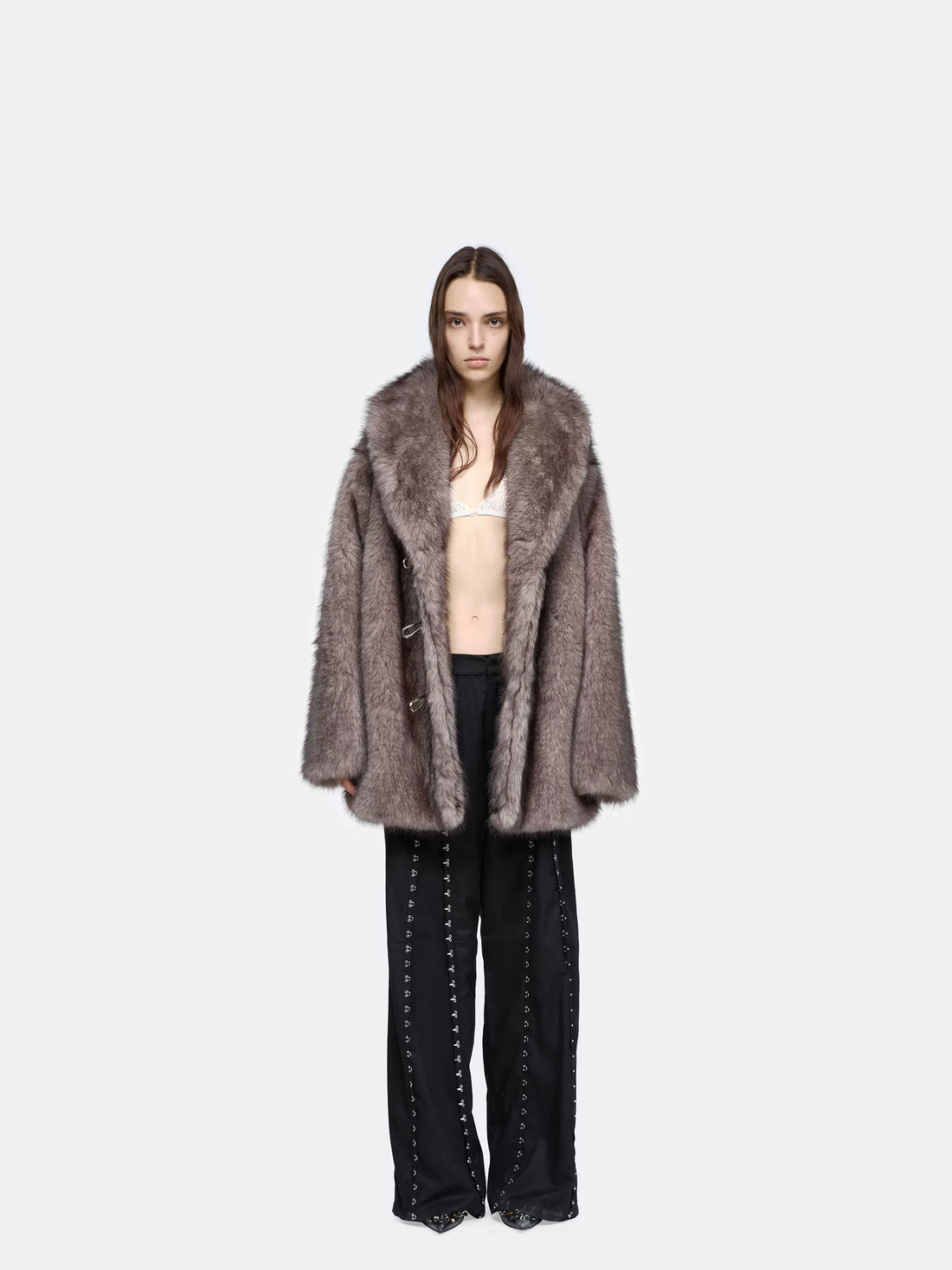 24ans Cozy Faux Fur Trim Oversized Punk Mid Length Long Sleeve Women Dark Gray Jacket-1