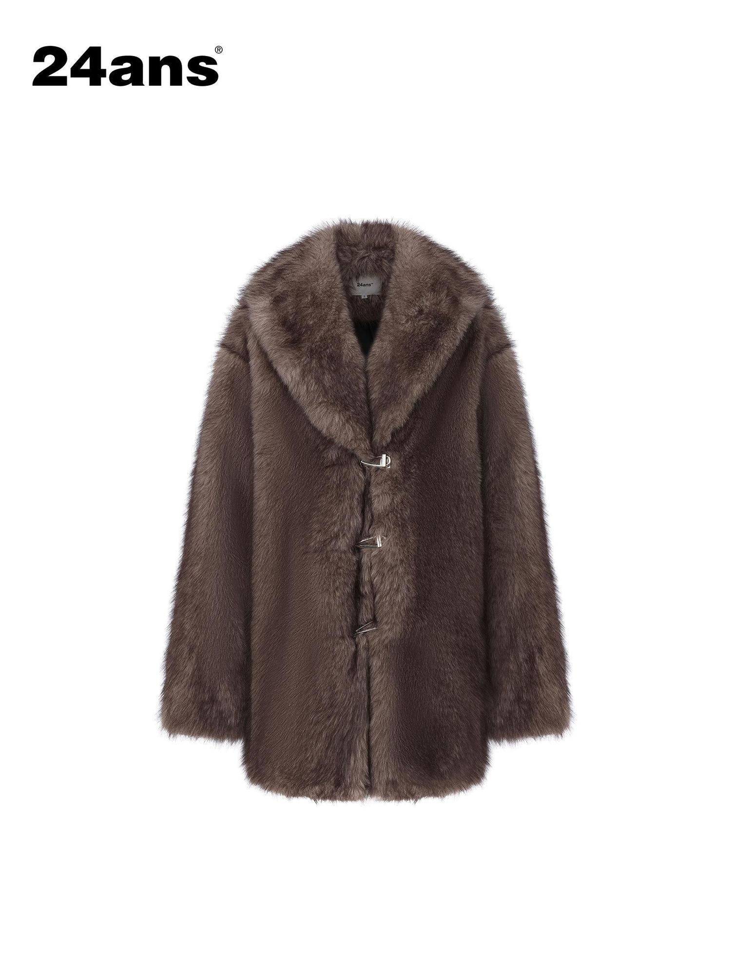 24ans Cozy Faux Fur Trim Oversized Punk Mid Length Long Sleeve Women Dark Gray Jacket