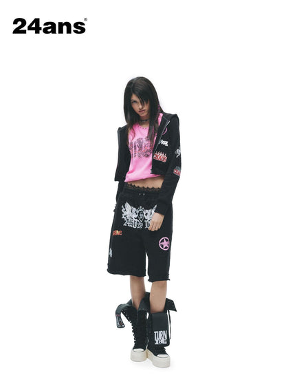 24ans Cropped Cutout Long Sleeve Crew Lettering Mid Waist Shorts Top &amp; Pants Sets