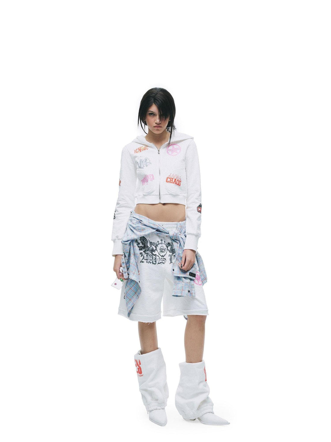 24ans Cropped Cutout Long Sleeve Crew Lettering Mid Waist Shorts Top &amp; Pants Sets