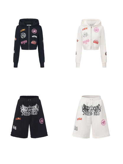 24ans Cropped Cutout Long Sleeve Crew Lettering Mid Waist Shorts Top &amp; Pants Sets