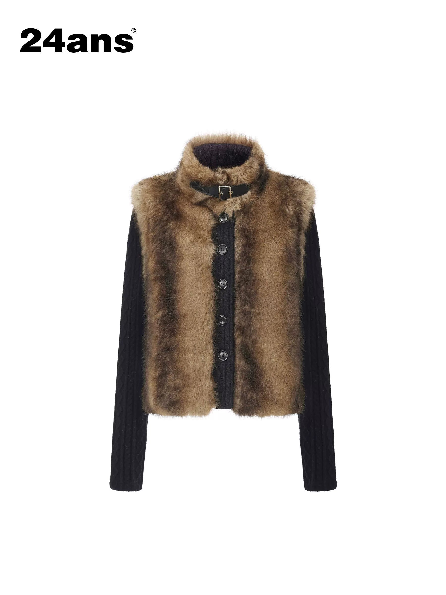 24ans Cropped Knit Stand Collar Detachable Sleeves Women&