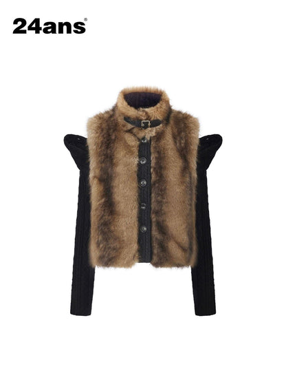 24ans Cropped Knit Stand Collar Detachable Sleeves Women&