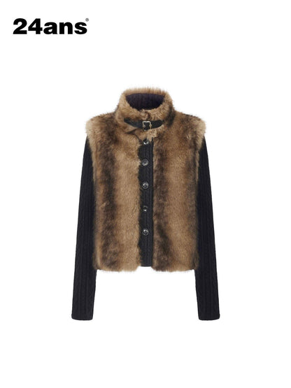 24ans Cropped Knit Stand Collar Detachable Sleeves Women&