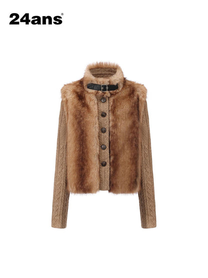 24ans Cropped Knit Stand Collar Detachable Sleeves Women&