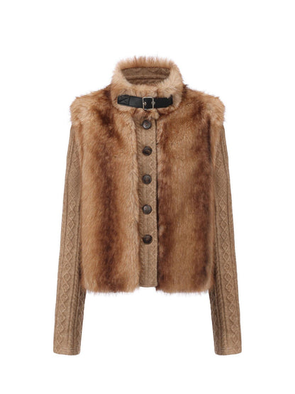 24ans Cropped Knit Stand Collar Detachable Sleeves Women&