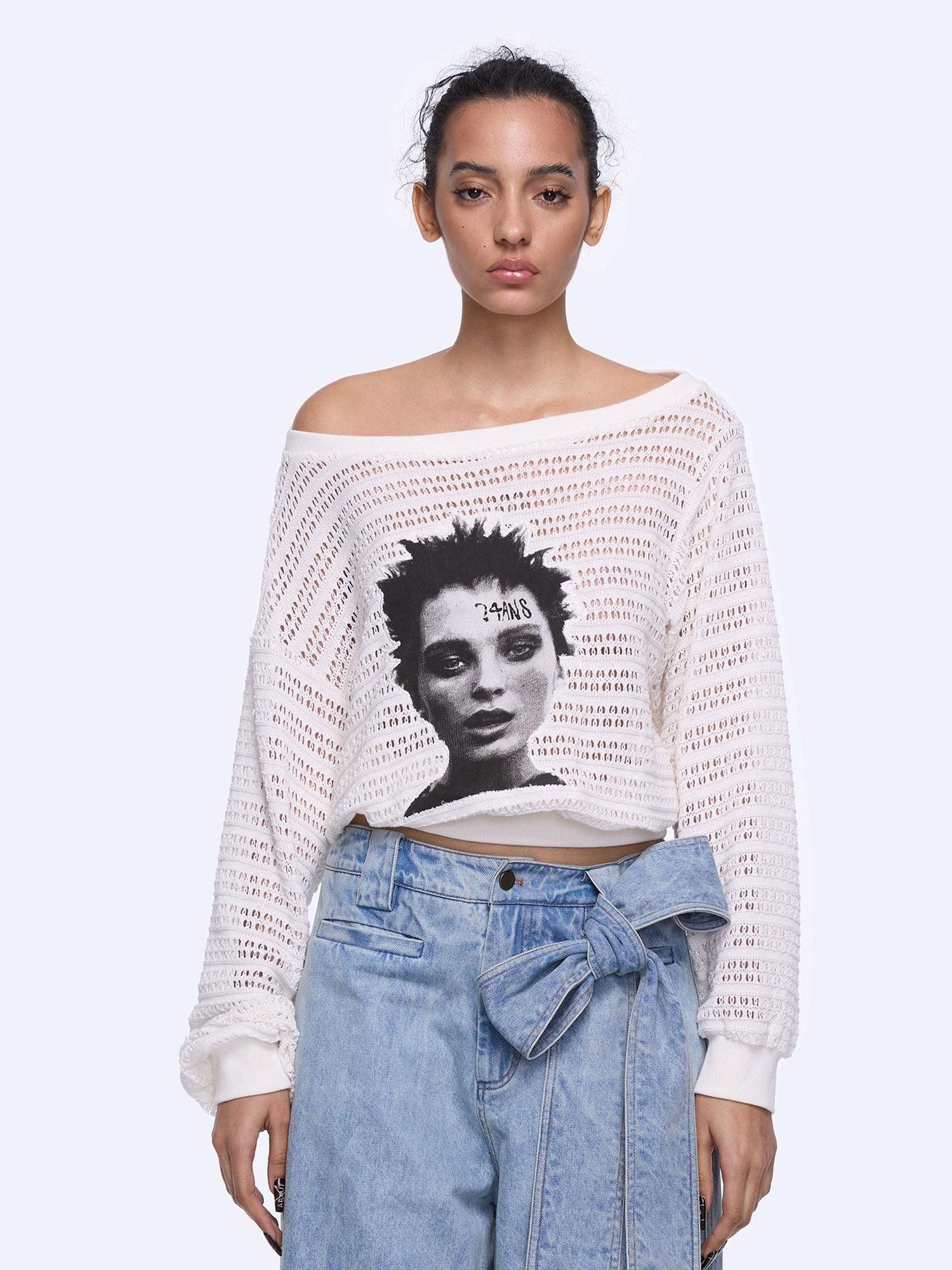 24ans Cutout Asymmetric Neck Loose Fit Women Punk Graphic Polyester T-Shirt