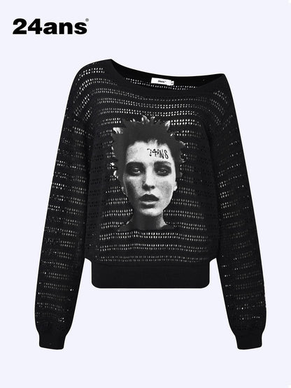 24ans Cutout Asymmetric Neck Loose Fit Women Punk Graphic Polyester T-Shirt