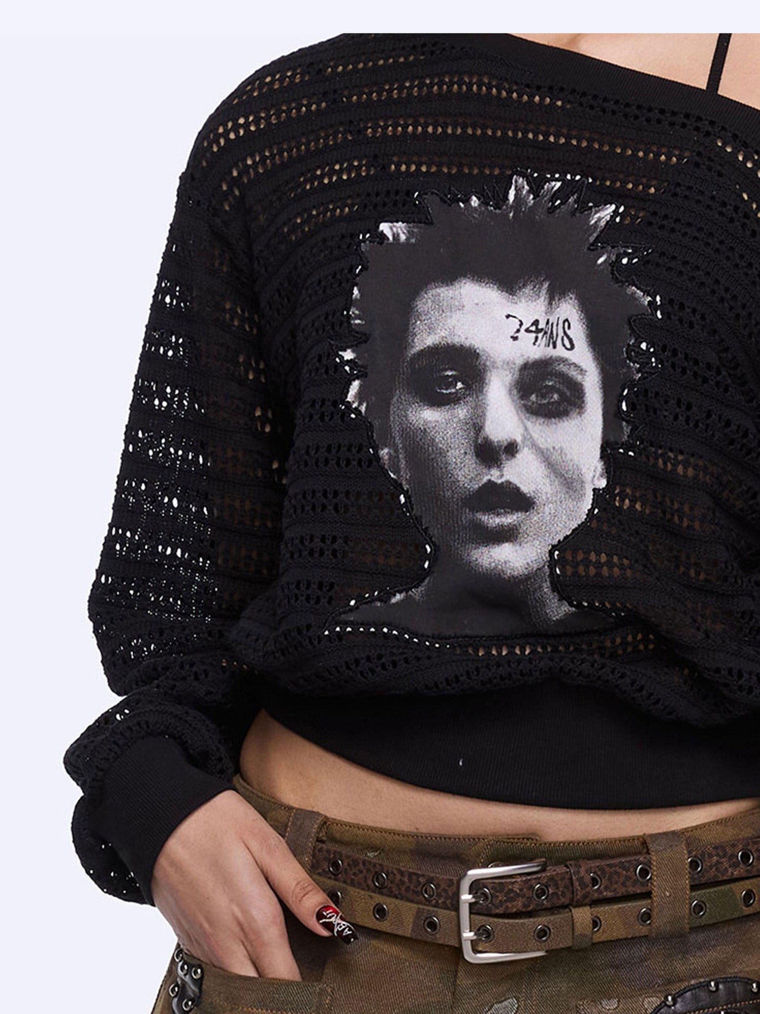 24ans Cutout Asymmetric Neck Loose Fit Women Punk Graphic Polyester T-Shirt