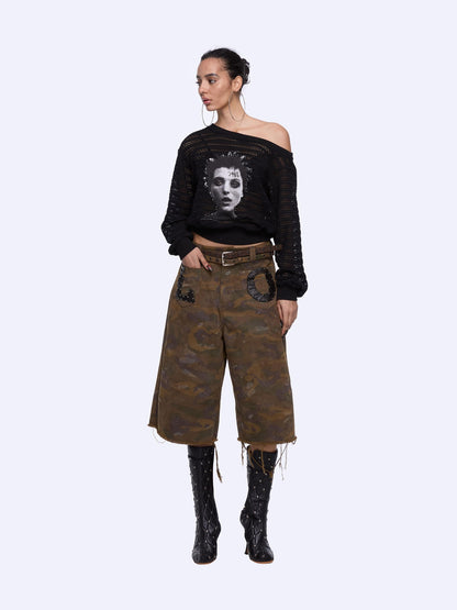 24ans Cutout Asymmetric Neck Loose Fit Women Punk Graphic Polyester T-Shirt