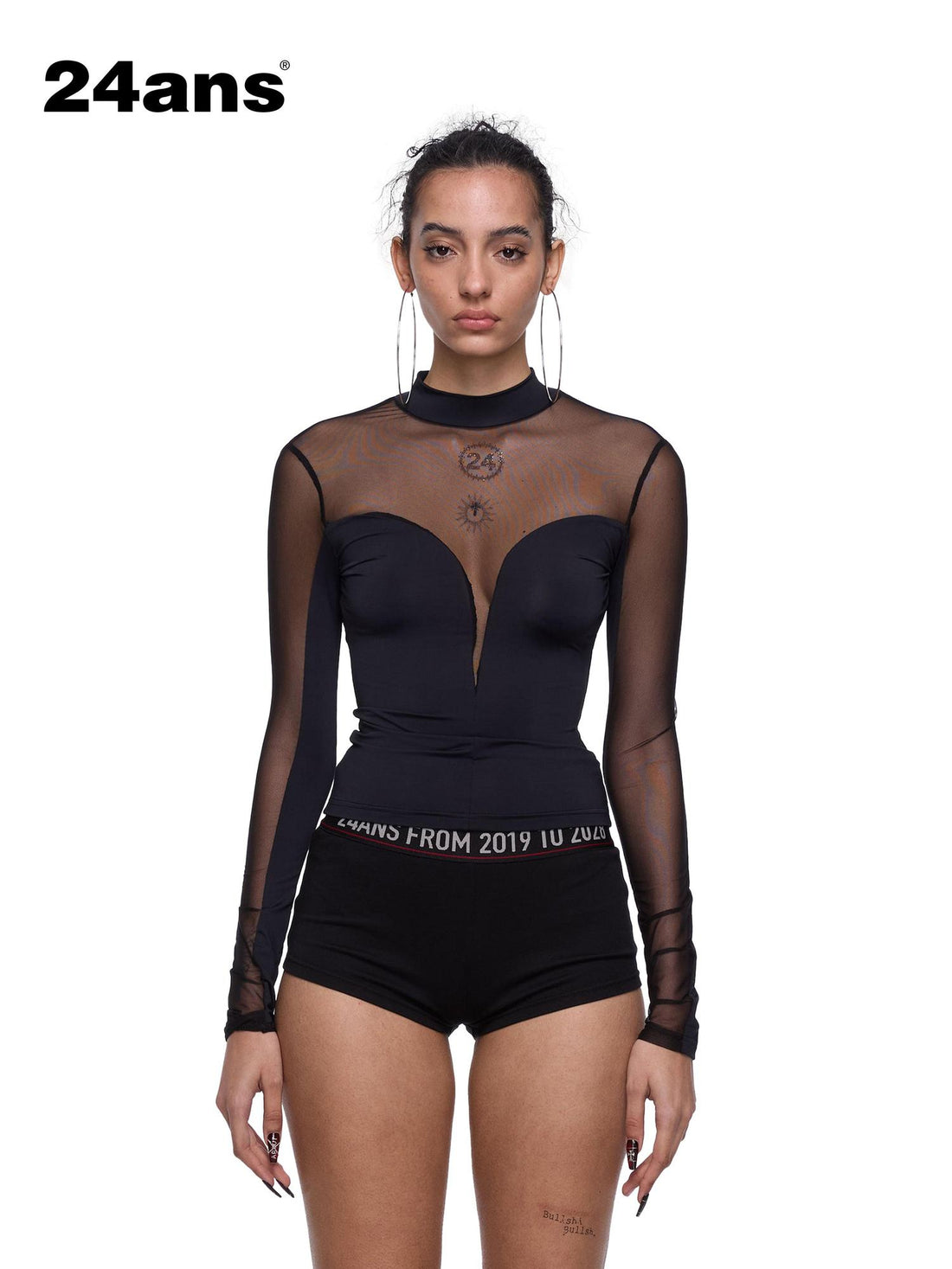 24ans Deep V Mesh Splicing Logo Crystal Iron Top