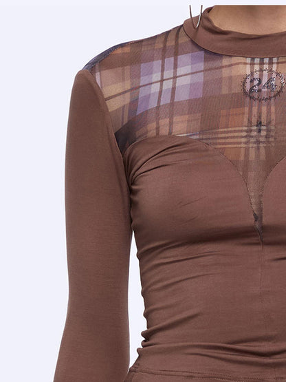 24ans Deep V Mesh Splicing Logo Crystal Iron Top