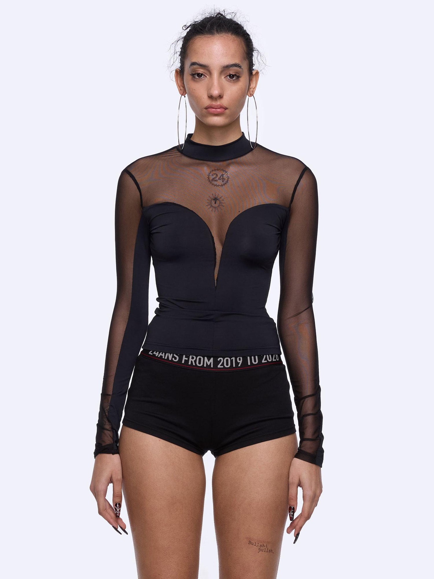 24ans Deep V Mesh Splicing Logo Crystal Iron Top