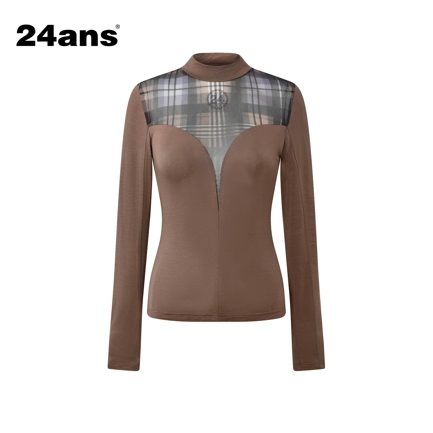 24ans Deep V Mesh Splicing Logo Crystal Iron Top MISSTT