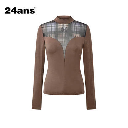 24ans Deep V Mesh Splicing Logo Crystal Iron Top MISSTT